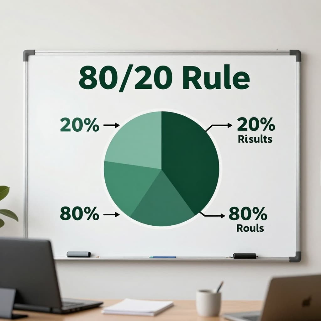 Bold branded editorial illustration of a Pareto 80/20 pie chart on a whiteboard in a modern office with natural daylight, highlighting 20% tasks yielding 80% results, marker nearby, clean lines, centered composition.