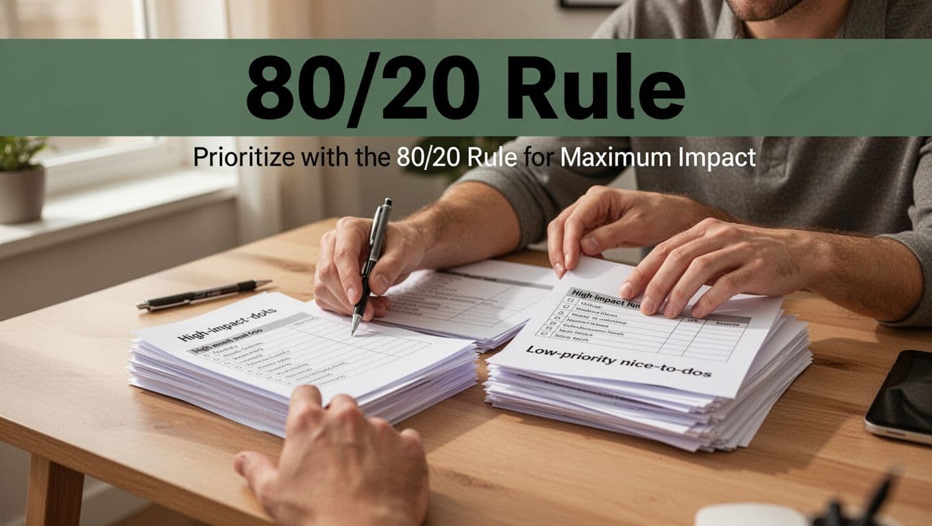 Close-up of hands sorting weekly task list into high-impact must-dos and low-priority nice-to-dos stacks on a wooden desk in a bright home office, with bold '80/20 Rule' headline on dark-green band.