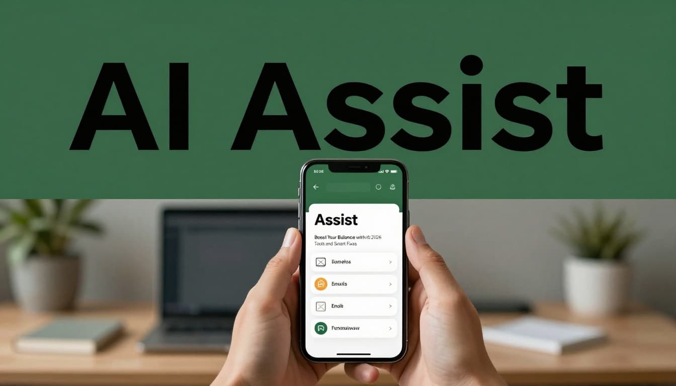 Photorealistic image of two relaxed hands holding a smartphone displaying a blurred AI interface summarizing emails, with bold 'AI Assist' headline in a muted dark-green edge-to-edge band at the top, modern desk background, neutral lighting.