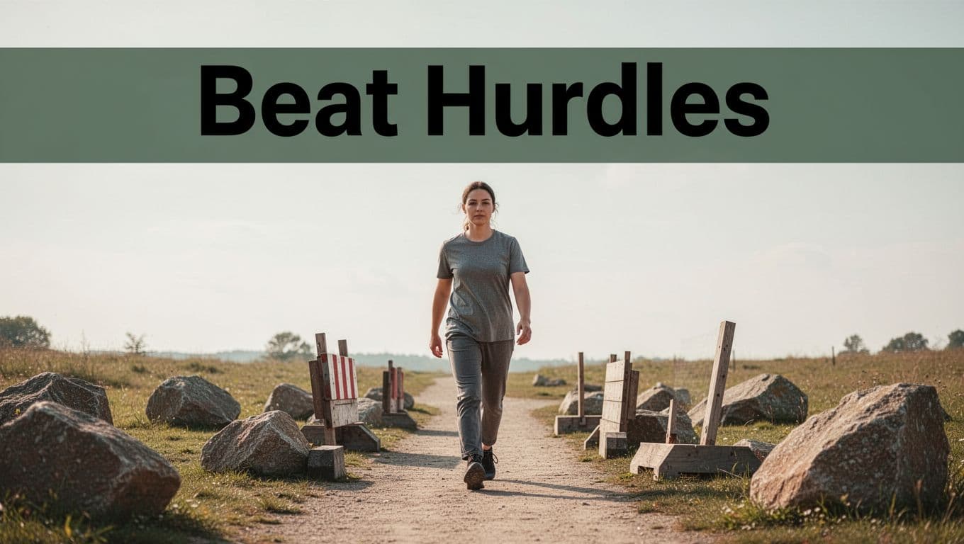 A determined person strides confidently along a clear path around scattered rocks and barriers in a sunny outdoor setting, symbolizing overcoming challenges. Bold 'Beat Hurdles' headline in a muted dark-green band at the top of the image.