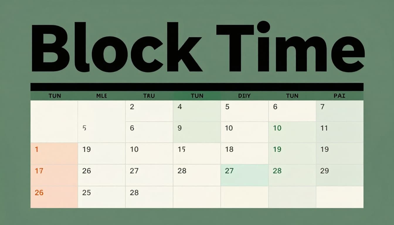 Photorealistic close-up of a wall calendar with colorful time blocks for weekly planning in a cozy office, featuring a bold 'Block Time' headline in a dark-green band, soft daylight illumination, no people.