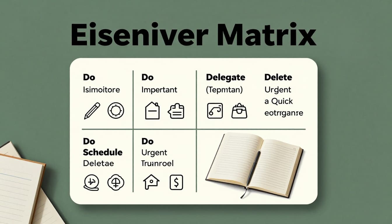 Bold branded editorial illustration of a simple 2x2 Eisenhower Matrix grid on a desk planner with quadrants labeled Do, Schedule, Delegate, Delete and task icons, featuring a focal open notebook with pen in soft office light and muted tones. Clean centered composition with headline 'Eisenhower Matrix' in a muted dark-green band using bold geometric sans-serif typography.
