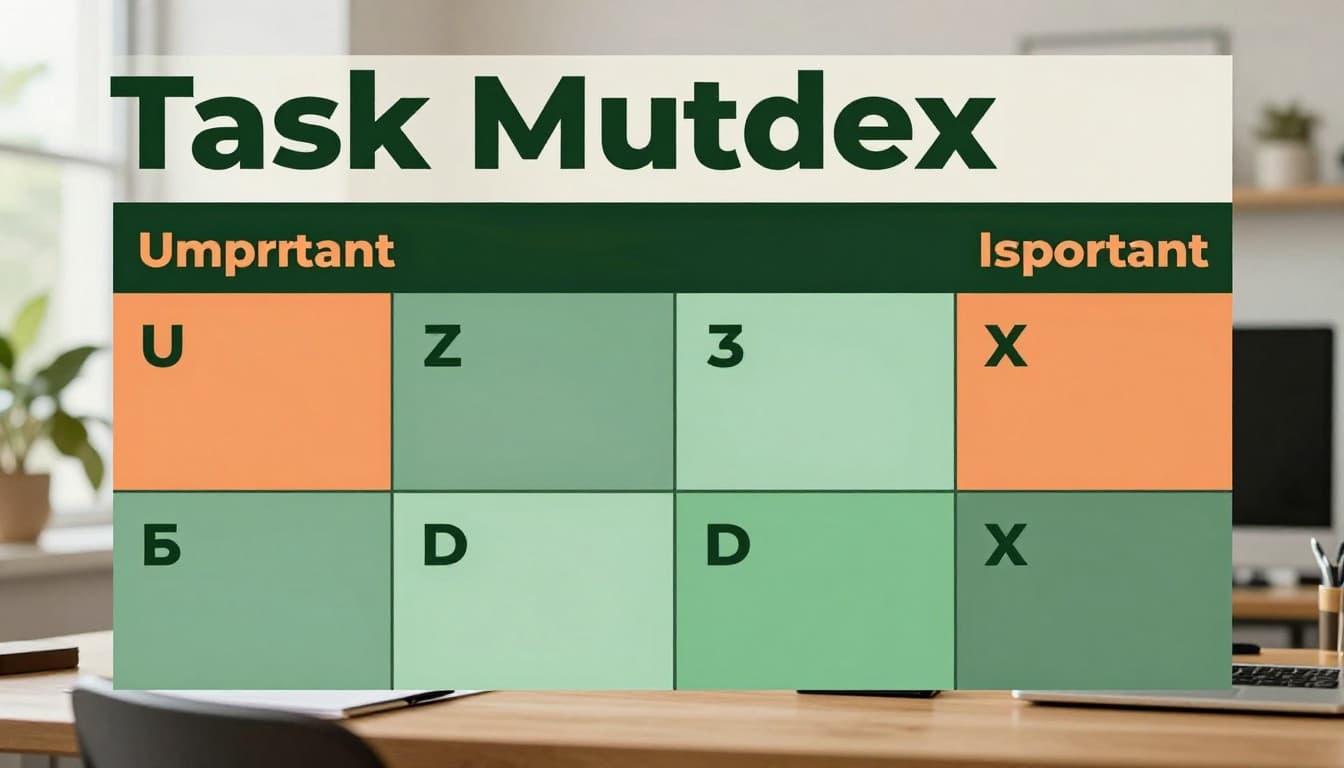 A realistic photo of a four-quadrant Eisenhower Matrix grid on an office desk with colored sections for urgent-important tasks, a pen pointing to it, in soft daylight lighting.