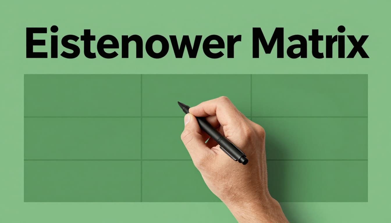A simple four-quadrant grid of the Eisenhower Matrix hand-drawn on a notepad in a bright workspace, with a pen nearby and one relaxed hand visible, composed from above in an illustrative style with flat lighting. Bold headline 'Eisenhower Matrix' in a muted dark-green band at the top.