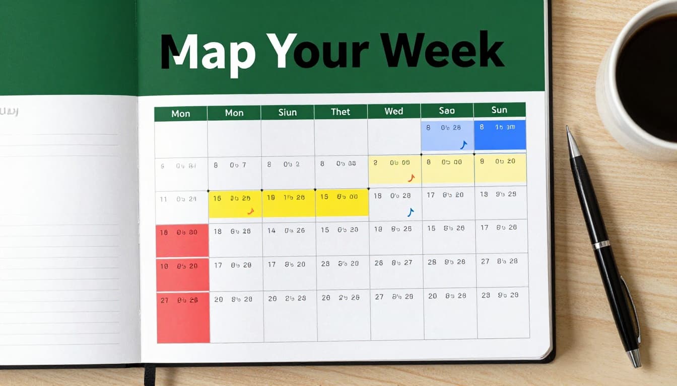 Realistic photograph of an open weekly calendar planner on a clean desk with natural daylight, featuring colored blocks for fixed events like meetings and family dinners, blue shaded energy peaks in mornings, and bold 'Map Your Week' headline on a dark-green band.
