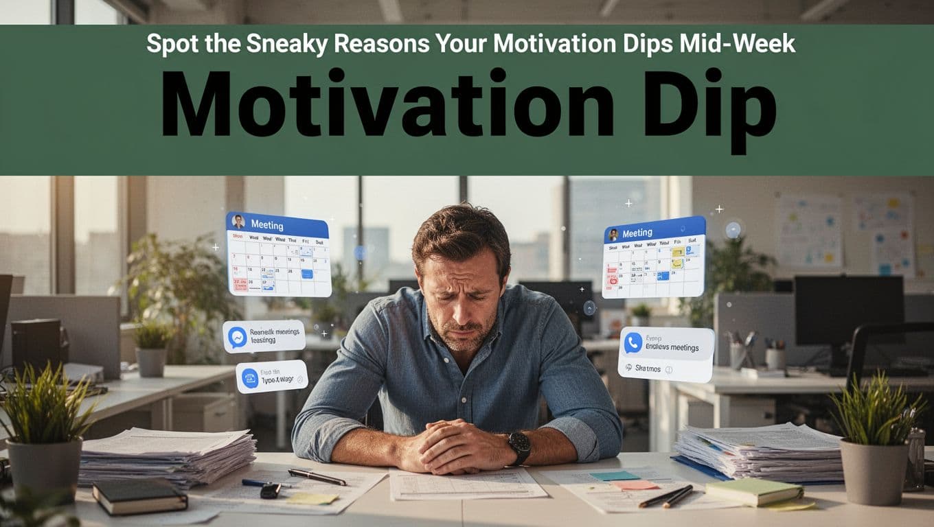 A tired mid-30s office worker slumps at a cluttered desk surrounded by floating meeting calendar icons and phone notifications in a modern open office bathed in afternoon light, with a bold 'Motivation Dip' headline on a muted dark-green band at the top.