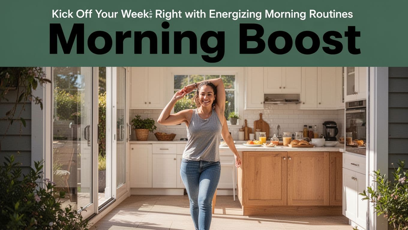 Bold branded 'Morning Boost' headline in Title Case on a muted dark-green horizontal band at the top, with an energetic person in casual clothes performing a morning stretch outside a home, sunny kitchen with breakfast elements in the background, vibrant natural morning lighting, centered composition.