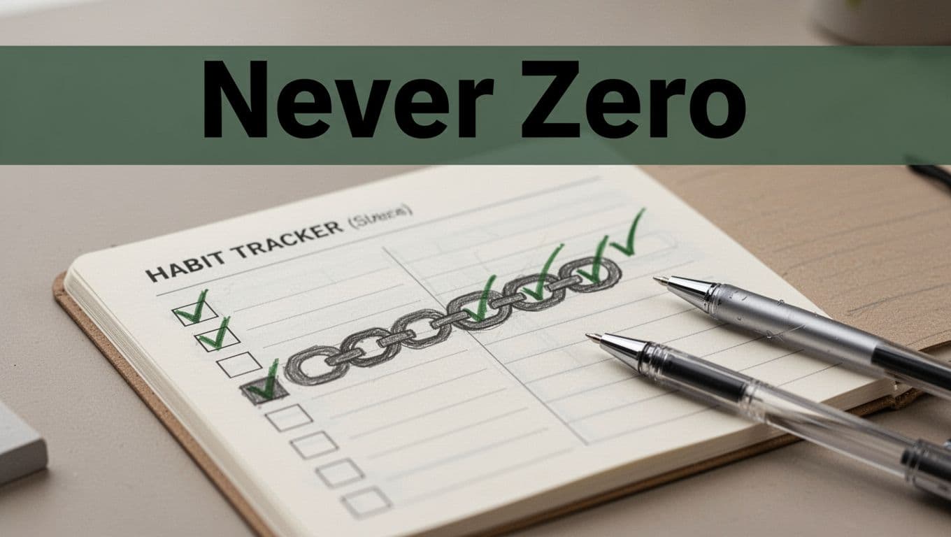 Bold editorial image with 'Never Zero' headline in a muted dark-green band, below a close-up of a habit tracker notebook showing checkmark streaks, pen on desk, soft light.