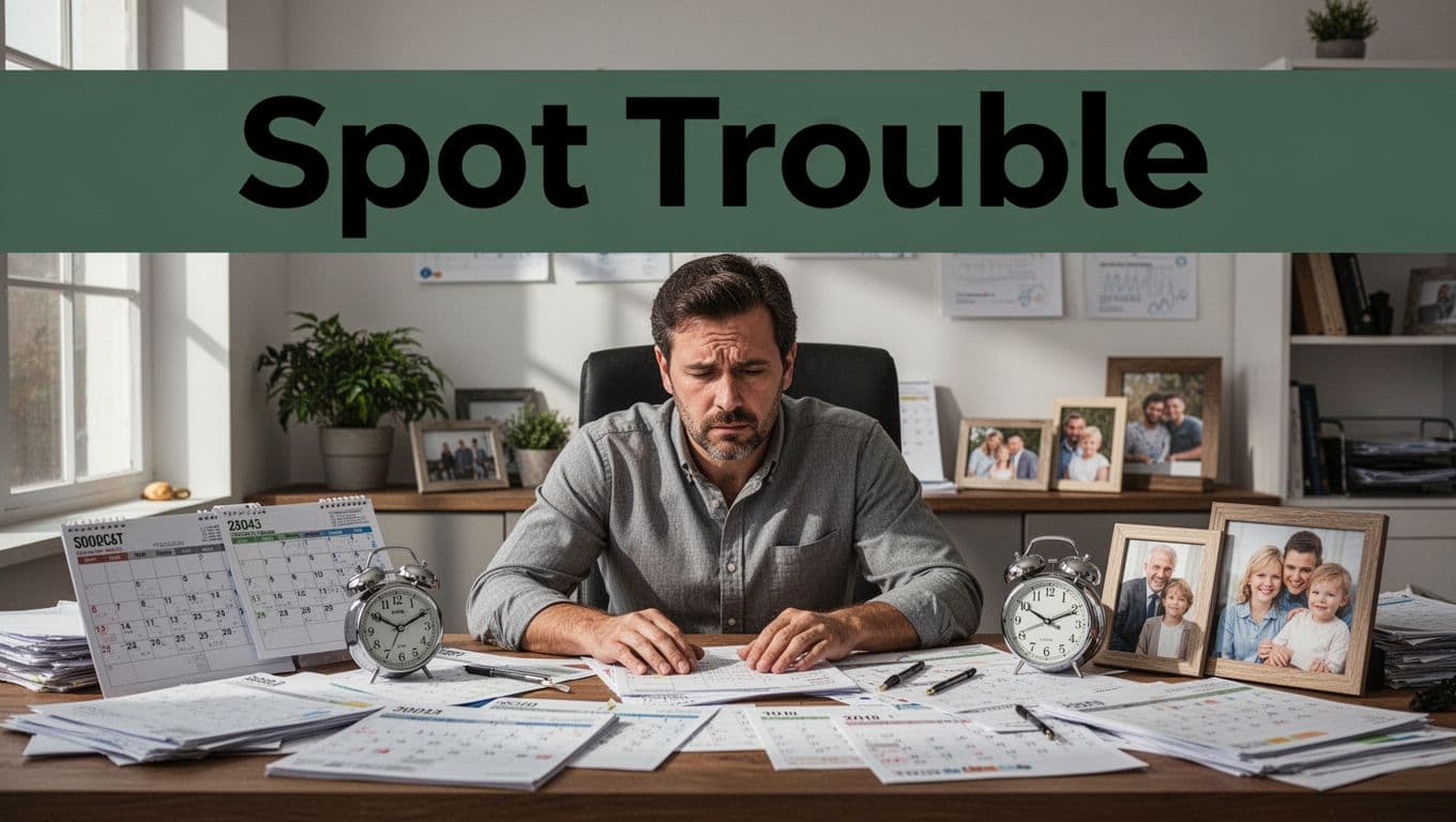 Overwhelmed solo office worker at cluttered desk with scattered calendars, clocks, and subtle family photos in daytime home office, medium shot on tired expression, natural light, bold 'Spot Trouble' headline in dark-green band at top.