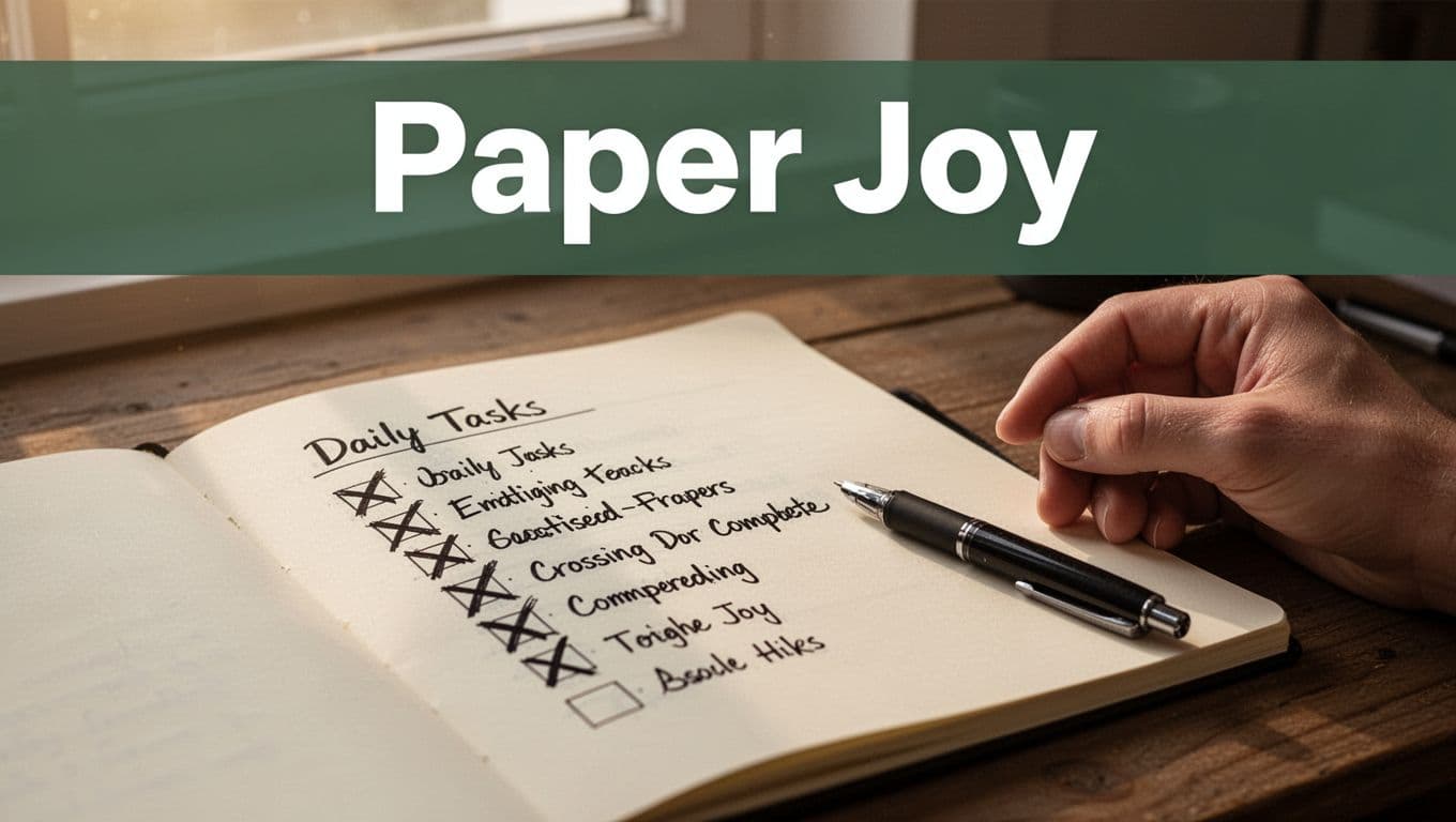 Close-up of an open notebook on a wooden desk featuring a handwritten daily task list with bold X marks crossing off completed items, a black pen nearby, and soft morning light, topped with a 'Paper Joy' headline band.