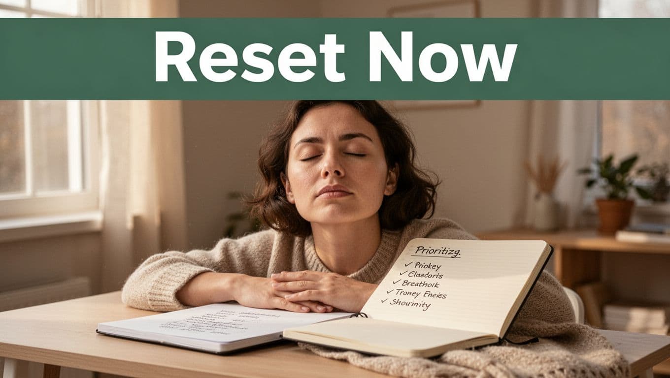 A calm person sits relaxed at a simple desk taking a deep breath with eyes closed, open notebook showing short priority list nearby in cozy morning home office with soft natural light. Bold 'Reset Now' headline on muted dark-green top band, close-up on serene face, shoulders, and notebook.