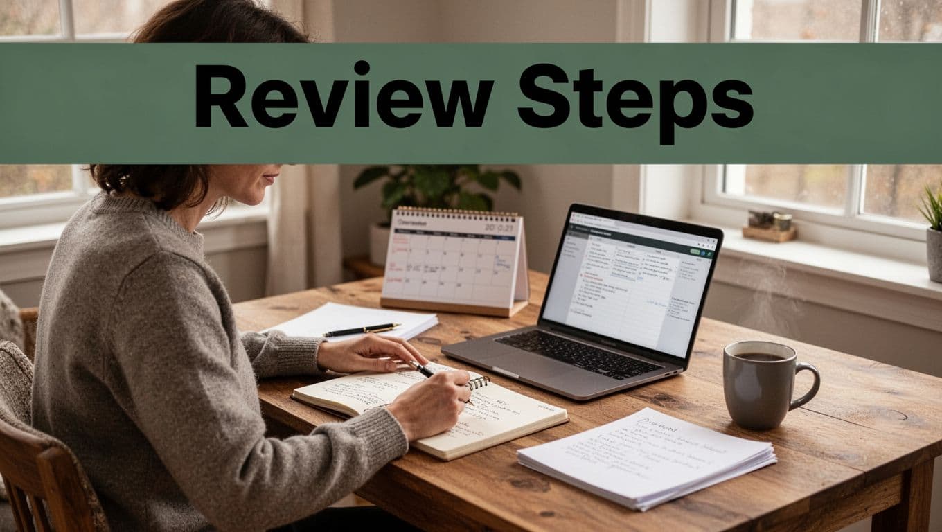 A person sits at a wooden desk in a cozy home office, reviewing notes on a notepad and laptop with calendar and coffee nearby, natural daylight, clean realistic photo with bold 'Review Steps' headline on muted dark-green band.