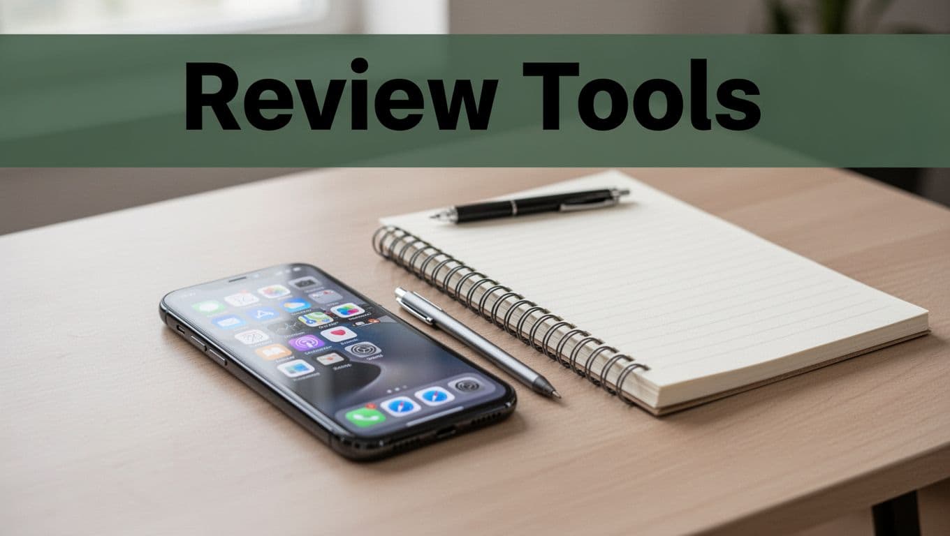 Photorealistic minimalist workspace featuring a smartphone with vague app icons and an open notebook on a table, soft natural lighting, no people. Bold 'Review Tools' headline in geometric sans-serif font on a muted dark-green band near the top.