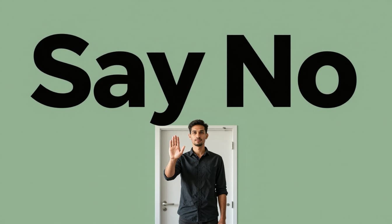 Confident person stands at modern office door with hand raised in gentle stop gesture, calm side-view expression under natural lighting, bold 'Say No' headline in top dark-green band.