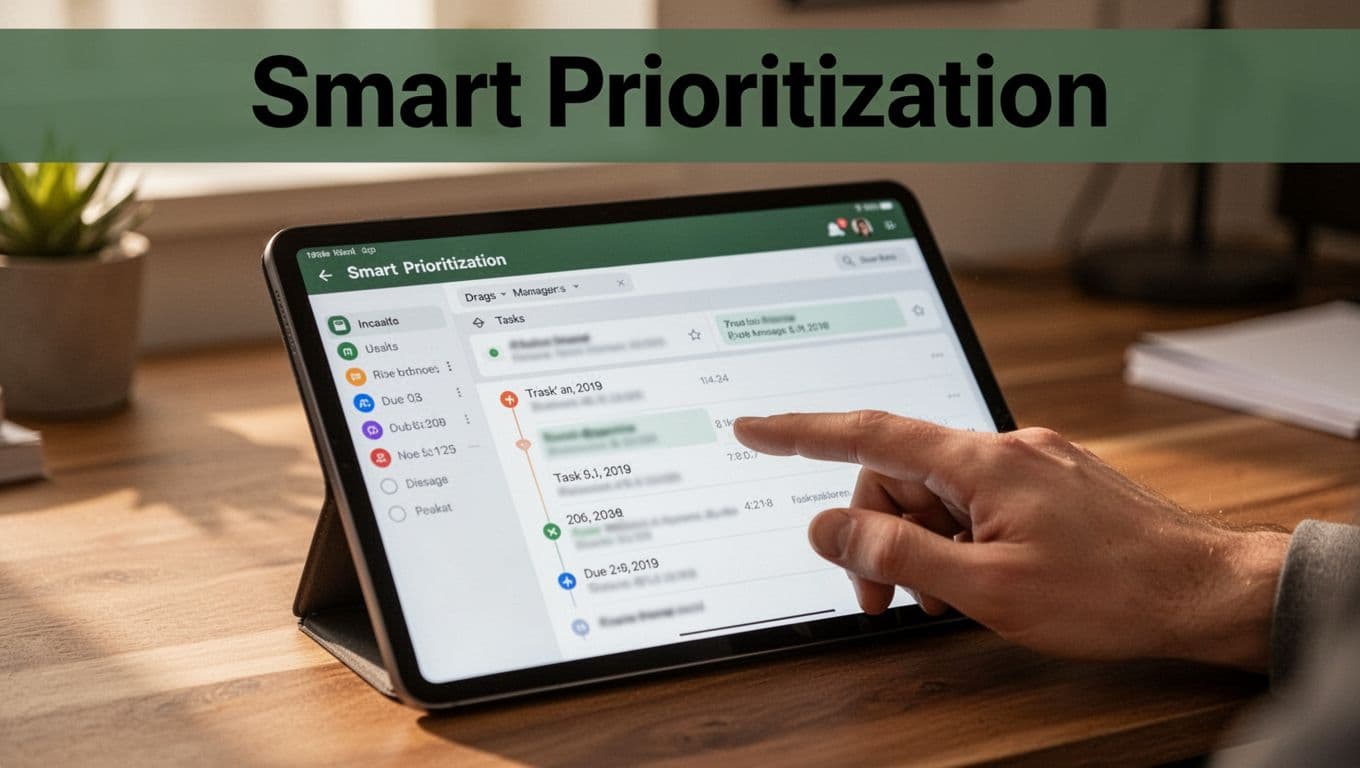 Close-up of tablet screen on wooden desk in cozy office displaying task manager app with drag-and-drop lists and blurred due dates, hand lightly touching screen under soft lighting. Bold 'Smart Prioritization' headline on muted dark-green band.