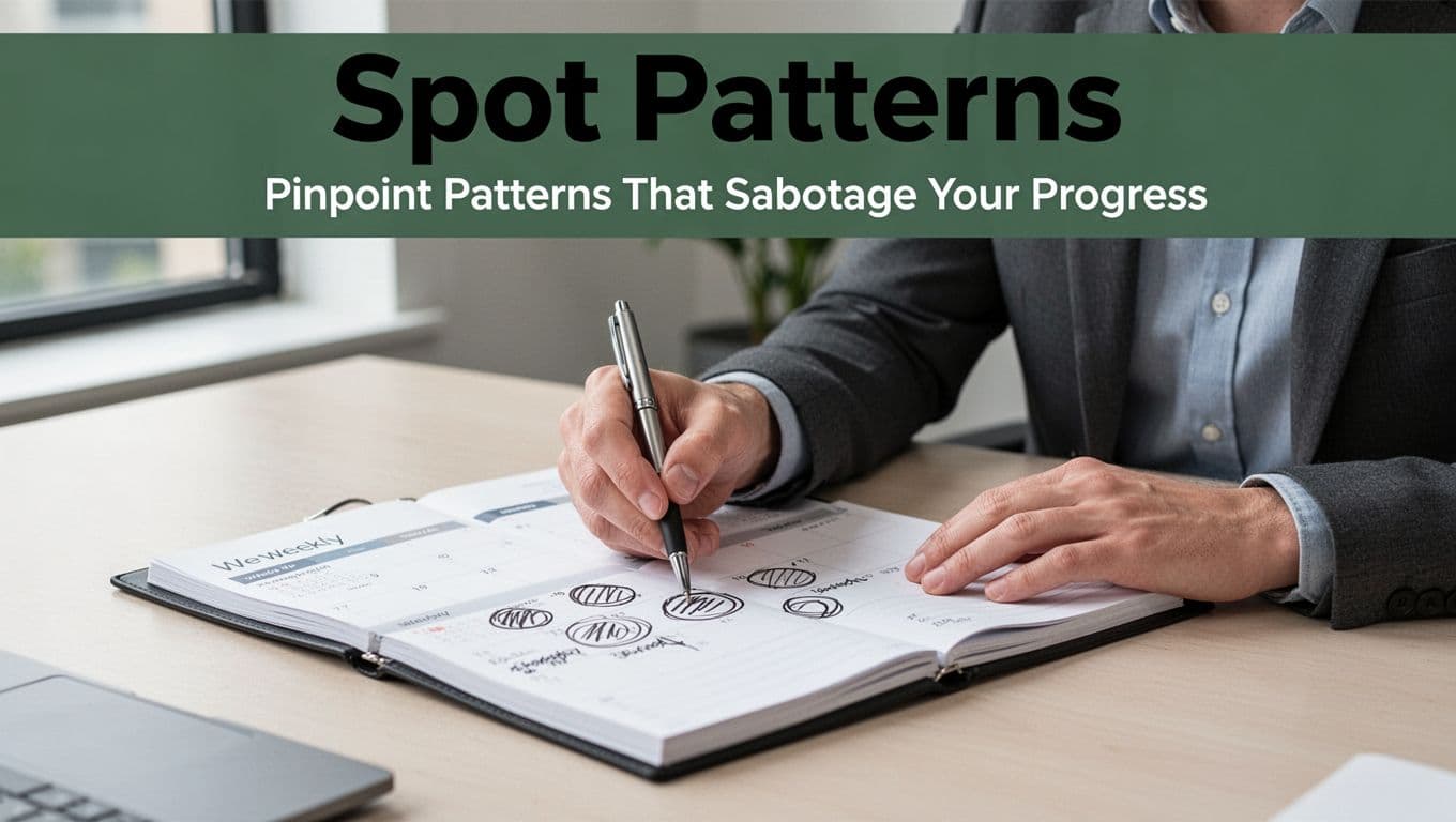 A single person in business casual attire thoughtfully reviews a weekly planner on a desk in a modern office with natural light, circling patterns using a pen. Bold 'Spot Patterns' headline in title case geometric sans-serif font on a muted dark-green top band.