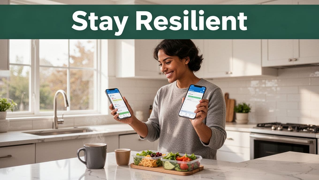 A person stands confidently in a modern kitchen, glancing naturally at a smartphone schedule app with an unreadable screen, coffee mug and prepped lunch nearby, bathed in bright morning light through the window. Bold 'Stay Resilient' headline in title case geometric sans-serif on a muted dark-green horizontal band across the top 20%, dynamic composition focusing on relaxed expression and device.
