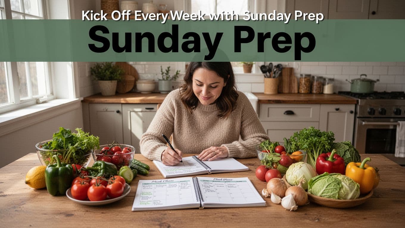 A person sits at a wooden kitchen table on Sunday morning, surrounded by fresh groceries, a notebook with meal plans, and an open calendar, writing priorities in a cozy home kitchen bathed in natural window light.