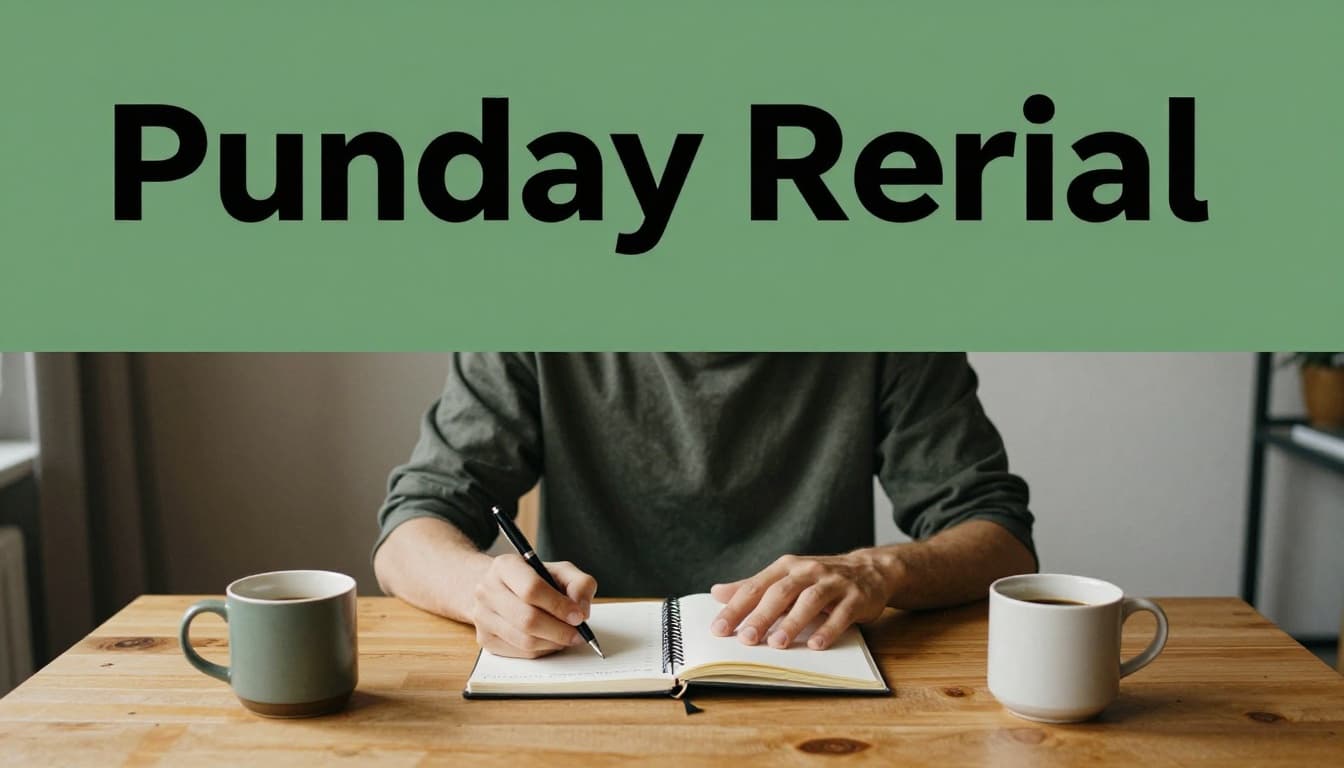 One person relaxes in a cozy living room on Sunday morning at a small wooden table with an open notebook on a checklist page, pen in hand, coffee mug nearby, bathed in soft morning light for a calm vibe. Bold 'Sunday Ritual' headline in Montserrat Black font on a muted dark-green band at the top.