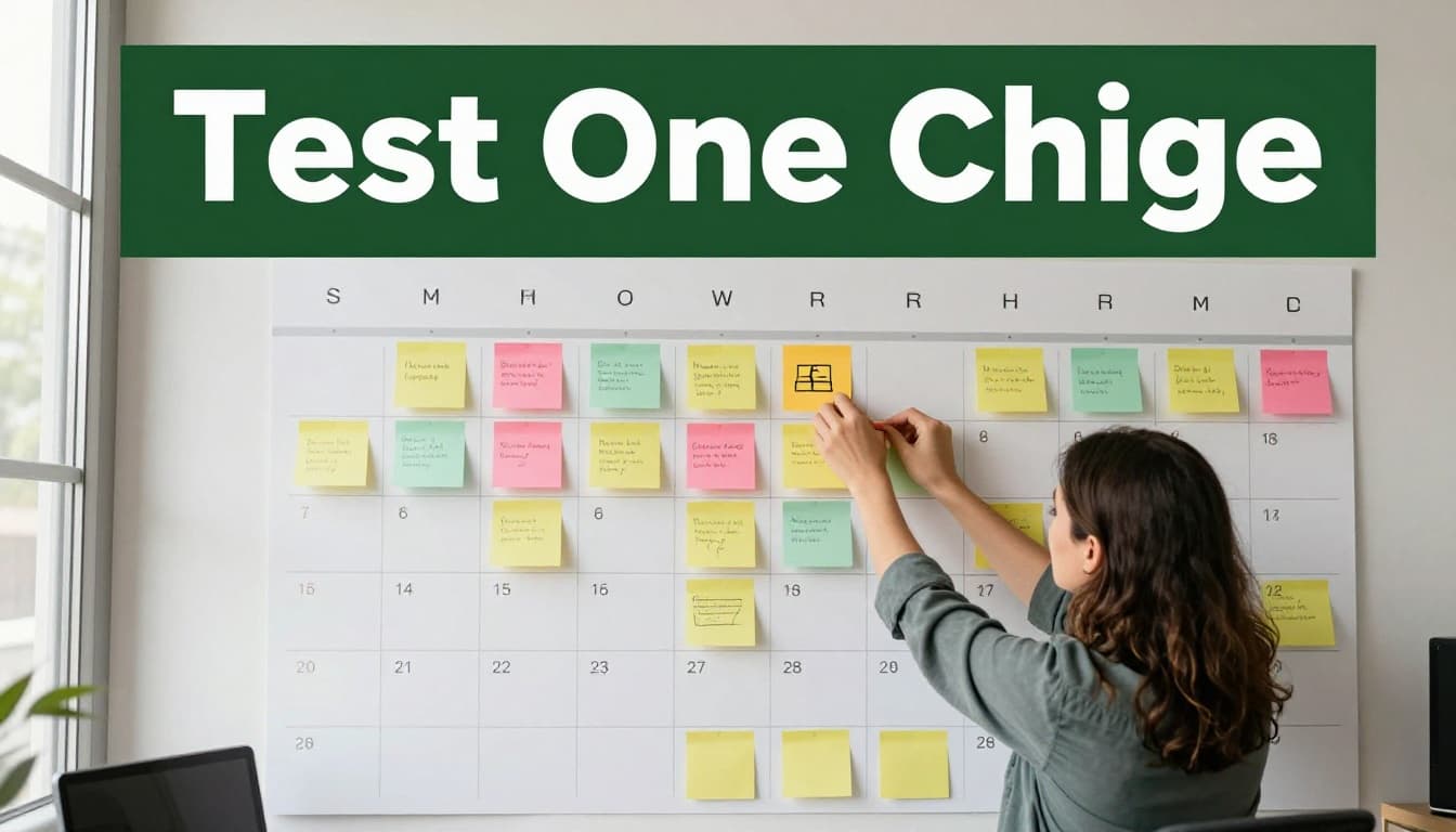 A focused individual in business casual adjusts a colorful sticky note for a meeting to a morning slot on a large wall calendar in a sunlit home office desk setup.
