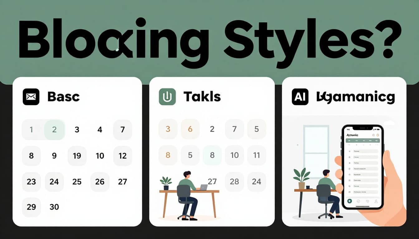 Split-screen illustration in three equal panels comparing basic fixed daily slots (left), task batching for calls and creative work (center), and dynamic AI-adjusted calendar blocks (right), set on a modern office desk under bright window light. Vector style with flat colors, subtle gradients, and bold 'Blocking Styles' headline in a dark-green band at the top.