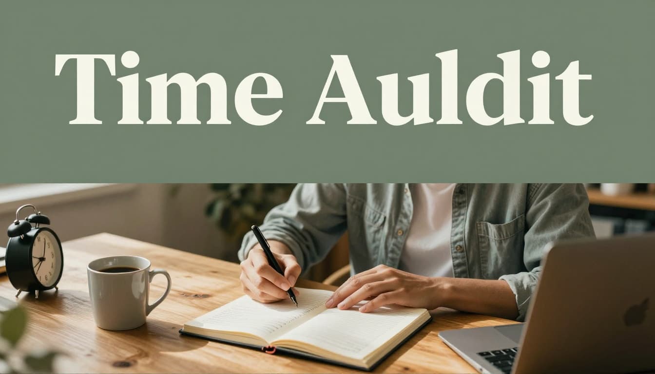 A person in a cozy sunlit home office sits at a wooden desk, thoughtfully reviewing an open notebook with time log entries beside a simple analog clock and coffee mug, topped with a bold 'Time Audit' headline on a dark-green band.