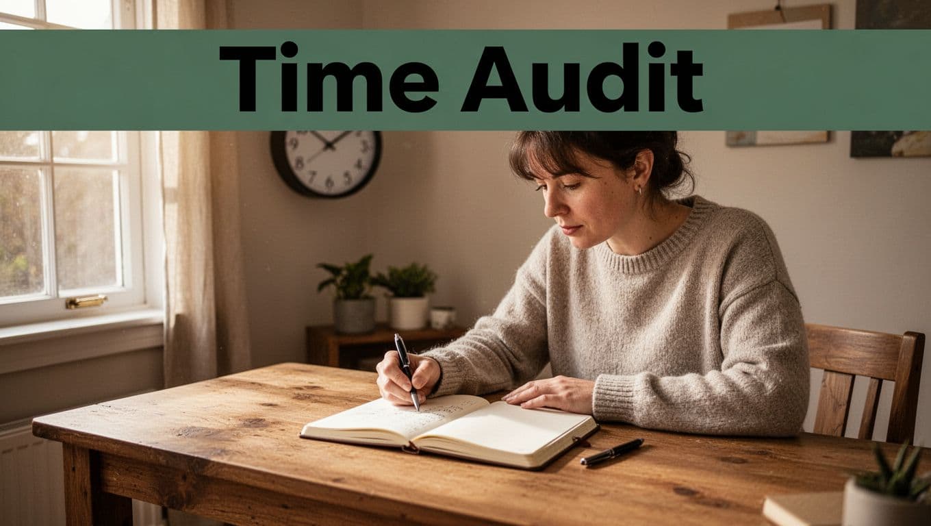 One person sits at a wooden desk in a cozy home office, logging time in an open notebook with a pen nearby, under soft natural light and a mid-afternoon wall clock. Bold 'Time Audit' headline in a muted dark-green band at the top in Montserrat Black font.