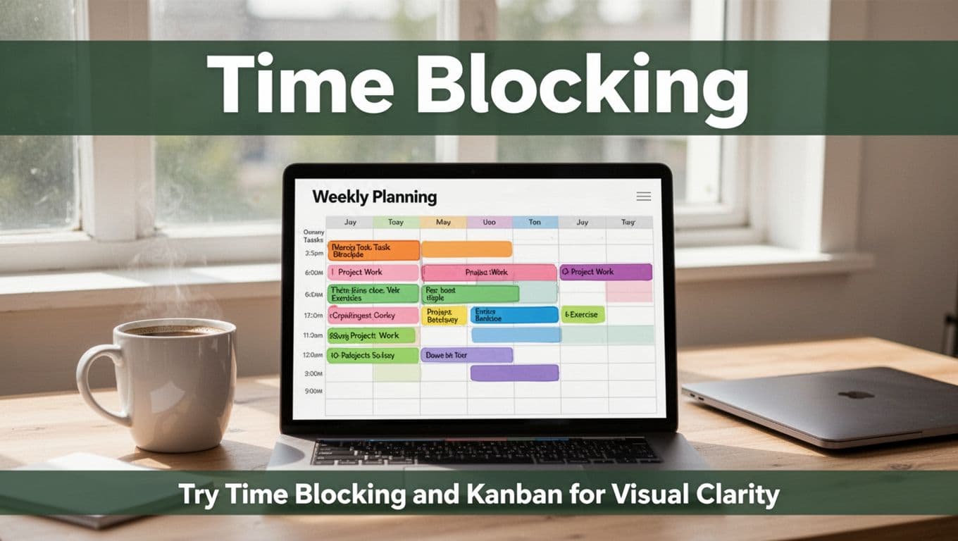 Bold branded editorial image of a weekly planner calendar with colorful time blocks for tasks like project work and exercise, placed in a bright workspace with a coffee mug and closed laptop nearby.