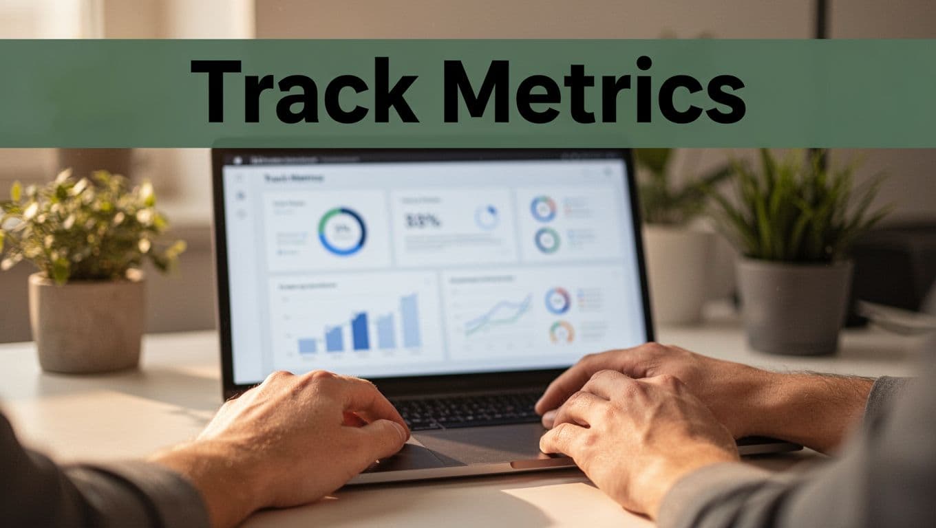 Blurred laptop screen showing charts and metrics icons in a modern office with hands resting on desk and plants, warm afternoon light, bold 'Track Metrics' headline on dark-green band at top.