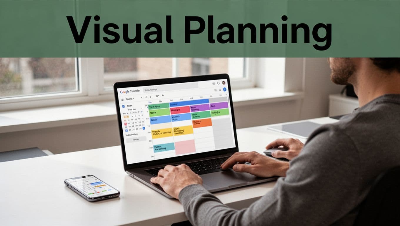 A person at a modern home office desk uses a laptop open to Google Calendar with colorful time blocks for work, rest, and meetings, alongside a syncing phone, under bright natural light. Bold 'Visual Planning' headline featured prominently at the top.