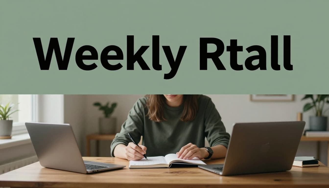 A relaxed person reviews a paper calendar and notebook with pen at a wooden desk in a quiet home office, bathed in soft morning light. Bold 'Weekly Ritual' headline in geometric sans-serif font on a muted dark-green band at the top.